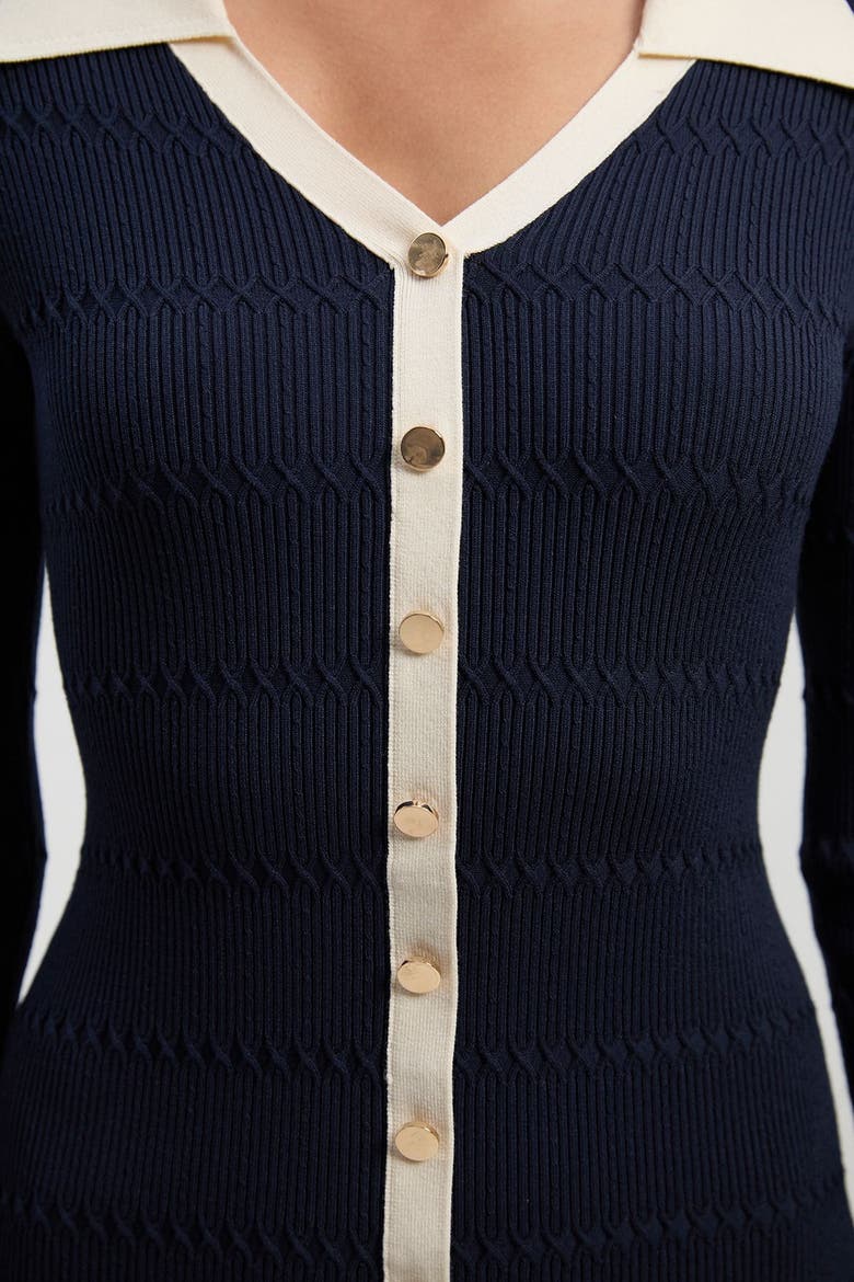 Rib Contrast Button Knit Midi Dress