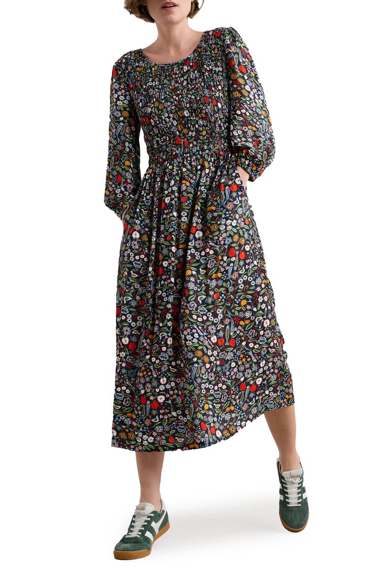 Meadowsweet Floral Smocked Long Sleeve Midi Dress