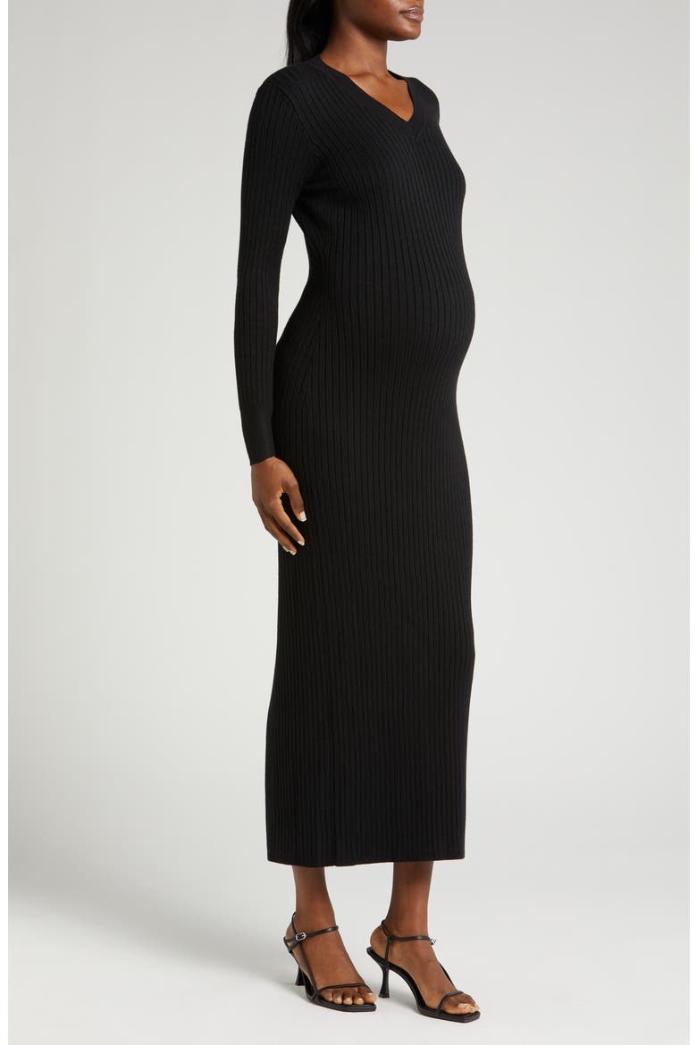 Women's Ribbed Long Sleeve V-Neck Midi Sweater Dress