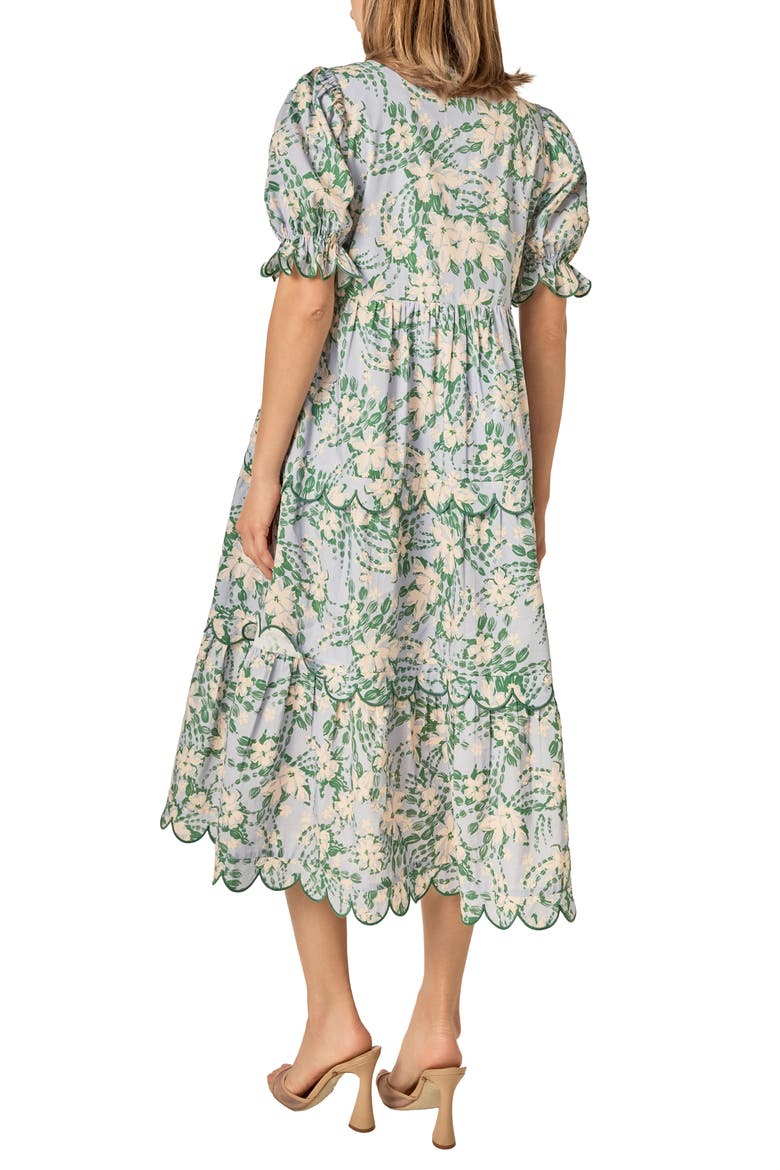Floral Scallop Trim Tiered Midi Dress
