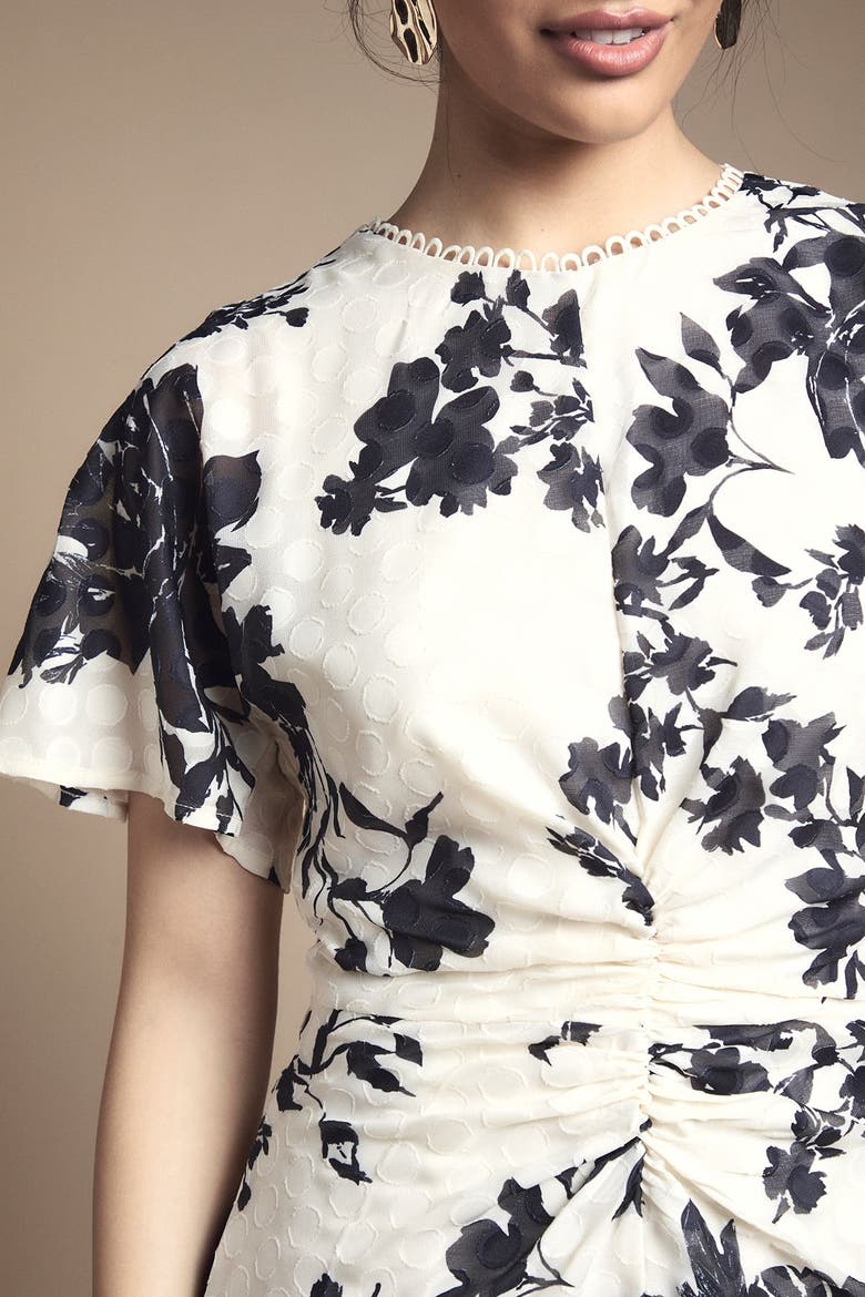 Floral Jacquard Cape Sleeve Midi Dress
