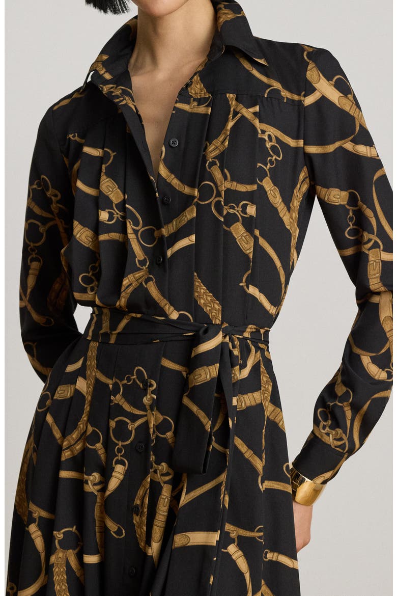 Belt Print Long Sleeve Crêpe de Chine Midi Shirtdress