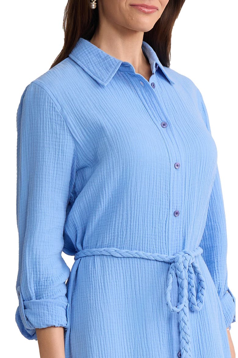 Braided Belt Long Sleeve Cotton Gauze Midi Shirtdress