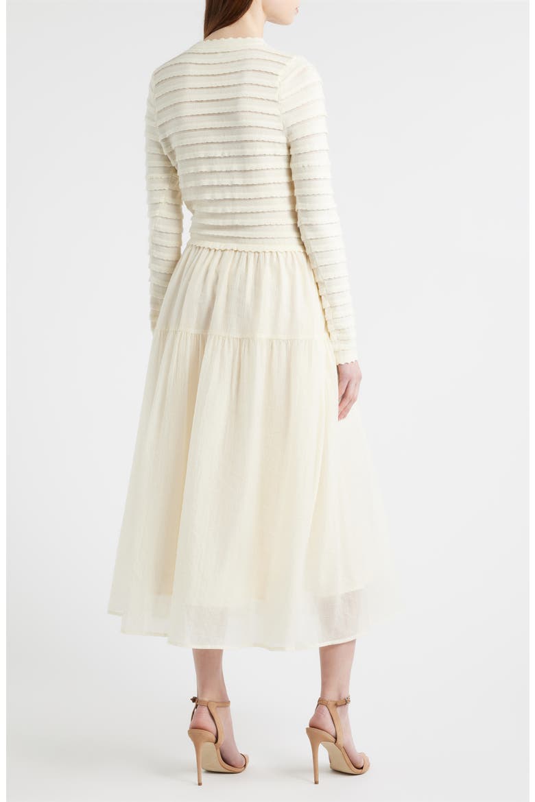 Mixed Media Long Sleeve Scallop Stitch Tiered Midi Dress