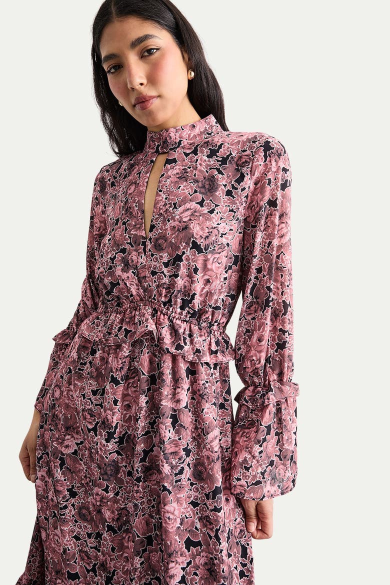 Chiffon Shirred High Neck Midi Dress