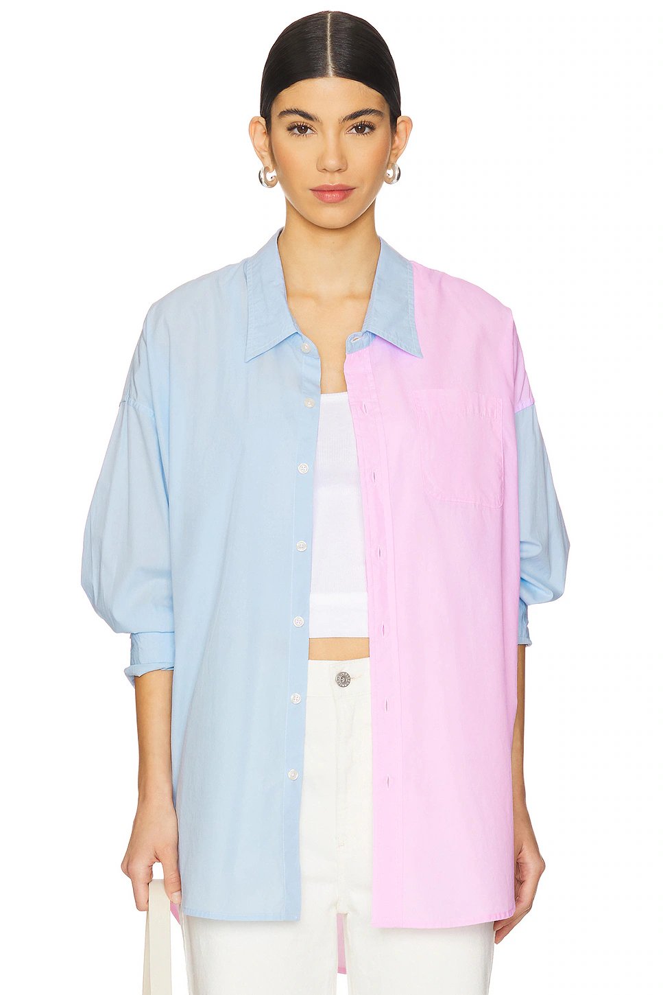 Denimist Button Front Shirt in Light Blue With Pink - Image 1