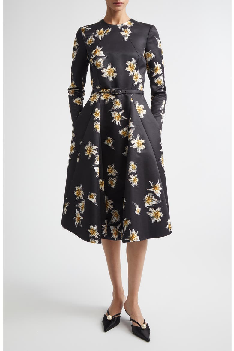 Uccelina Festive Lillies Long Sleeve Belted Fit & Flare Faille Midi Dress