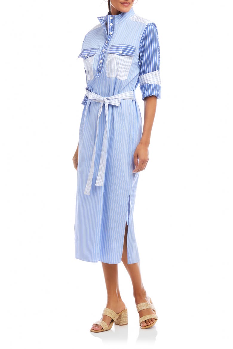 Mixed Stripe Belted Long Sleeve Shirtdress