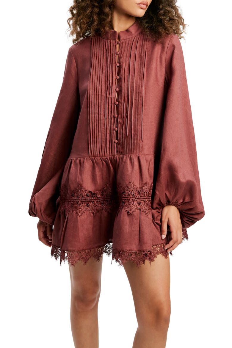 Antonia Lace Trim Long Sleeve Linen Minidress