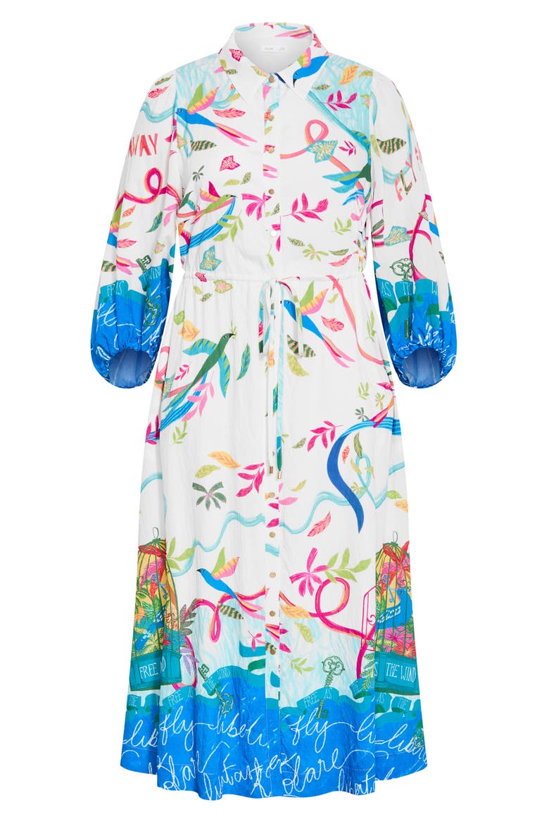 Tahlia Long Sleeve Bird Print Maxi Shirtdress
