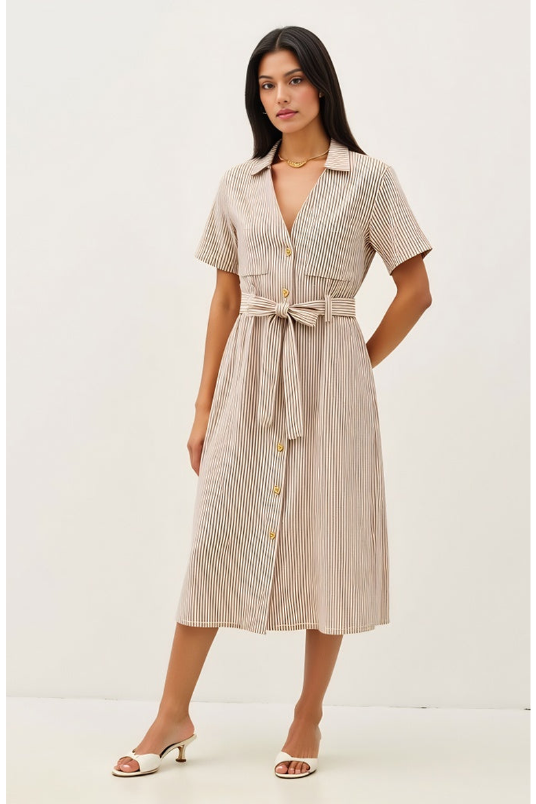 Striped Button-Down Midi Dress with Waist Tie and Collared Neckline