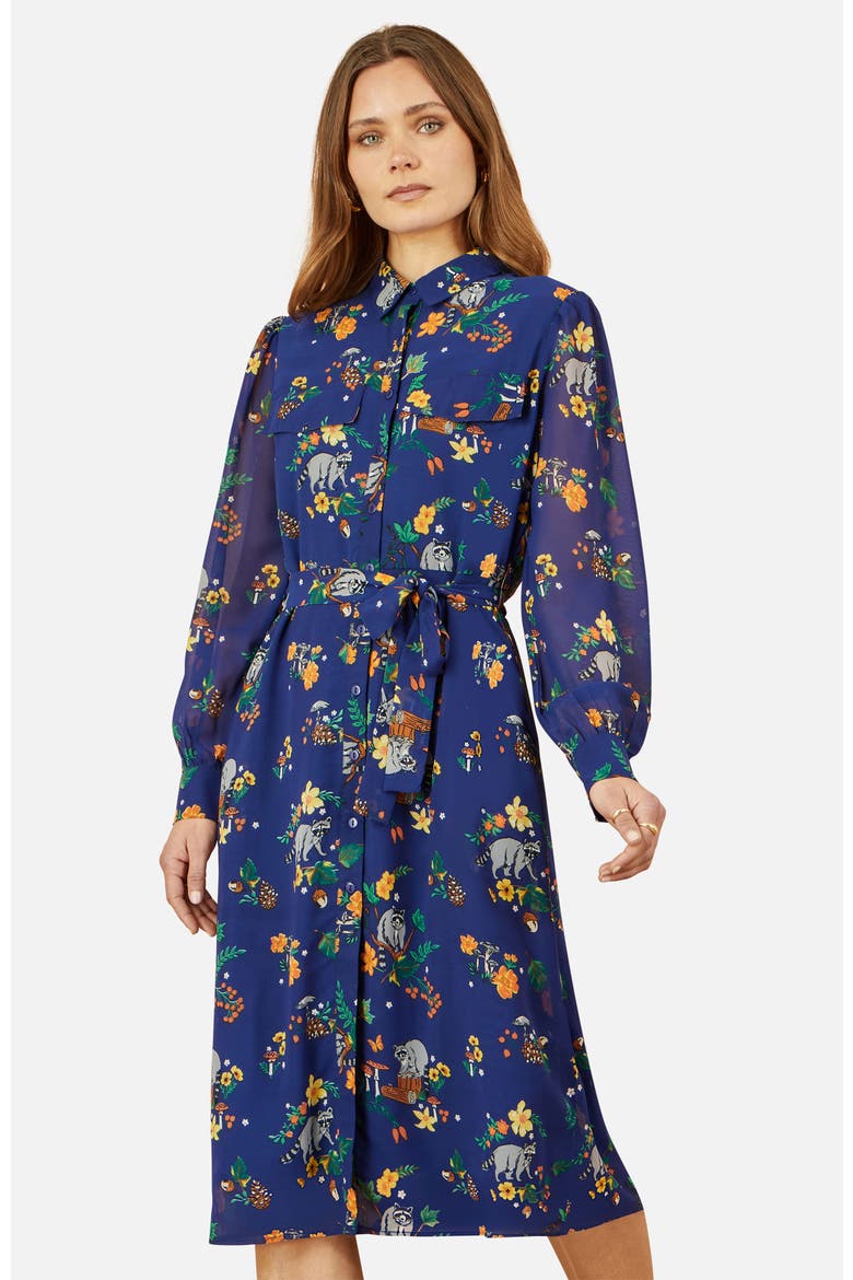 Raccoon Print Shirt Midi Dress