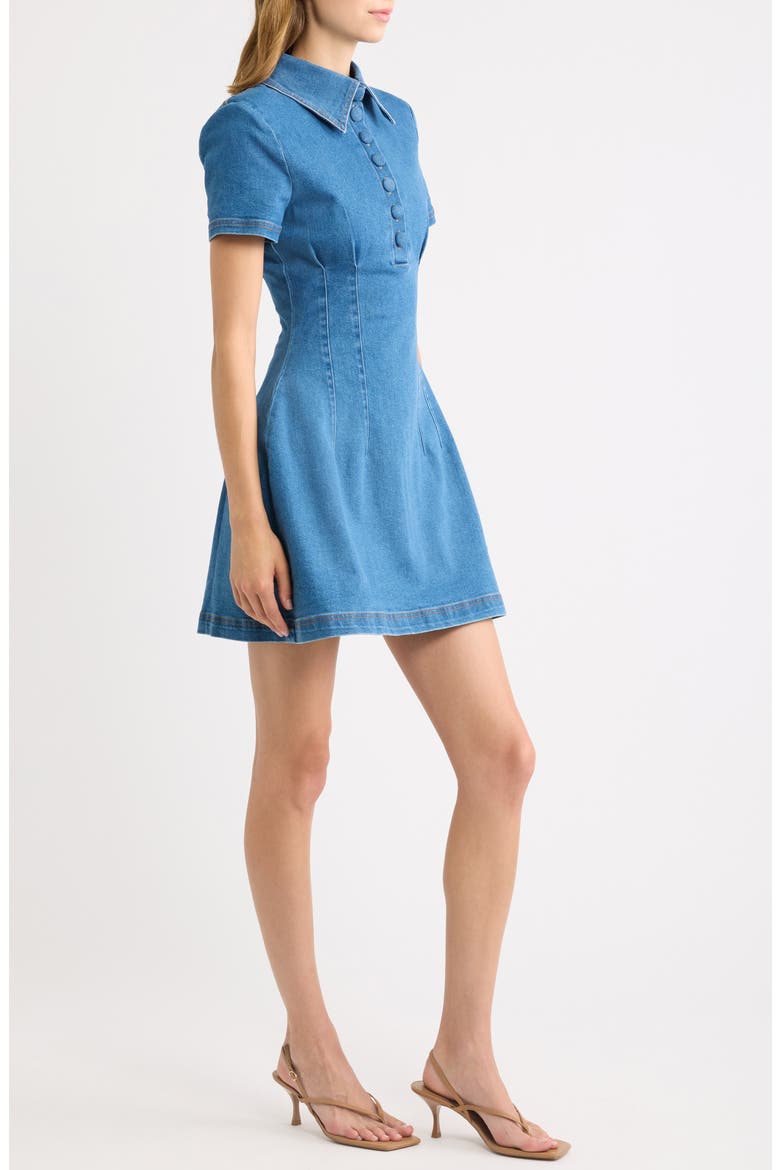 Pleated Seamed Cotton Blend Denim Fit & Flare Minidress