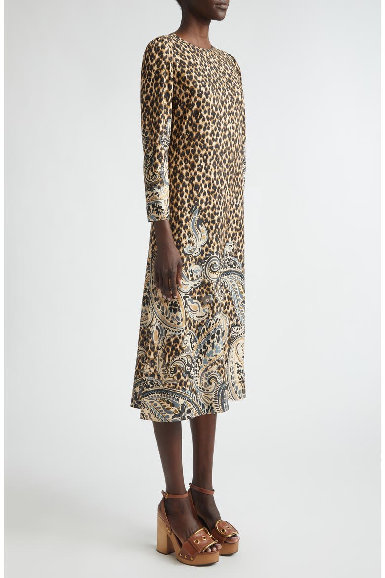 Mixed Print Long Sleeve Midi Dress