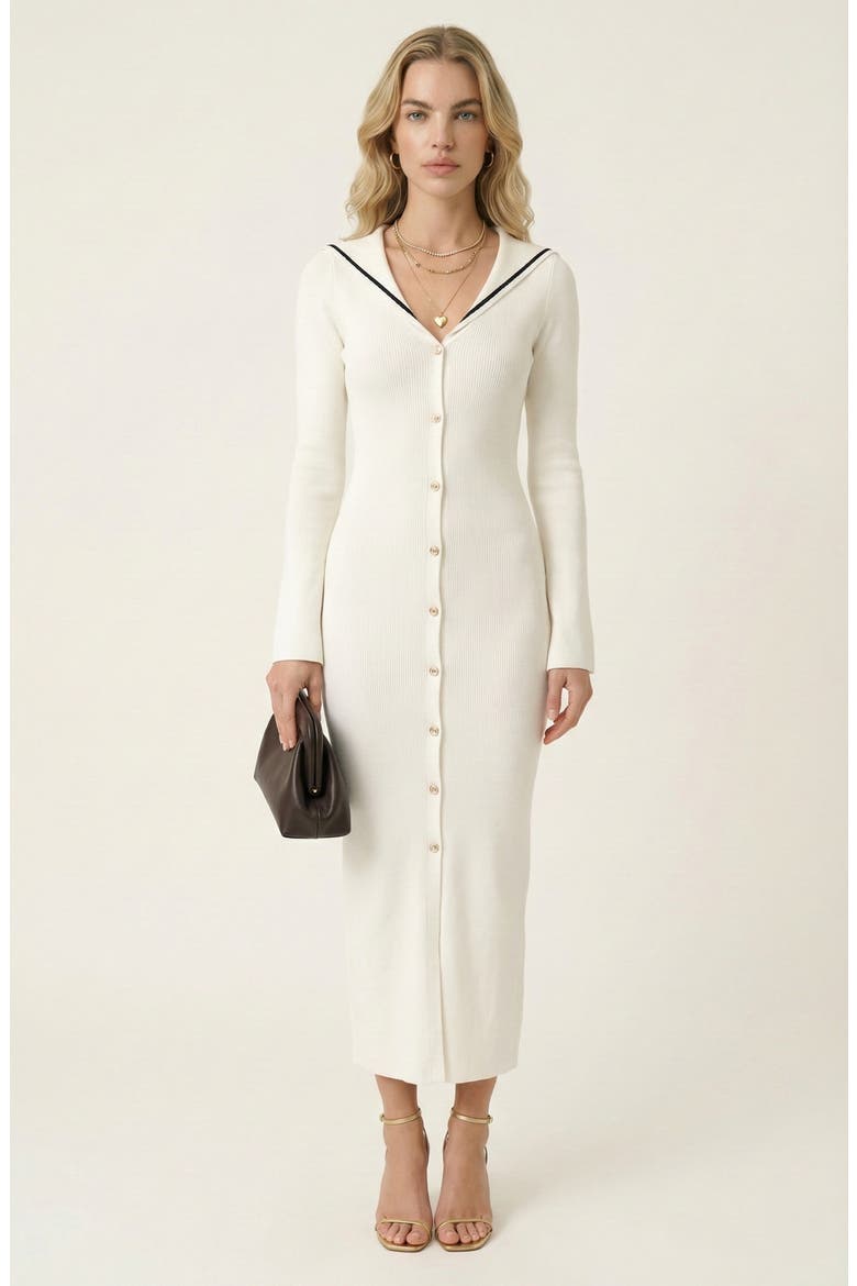 Ribbed Knit V-Neck Contrast Trim Midi Dress