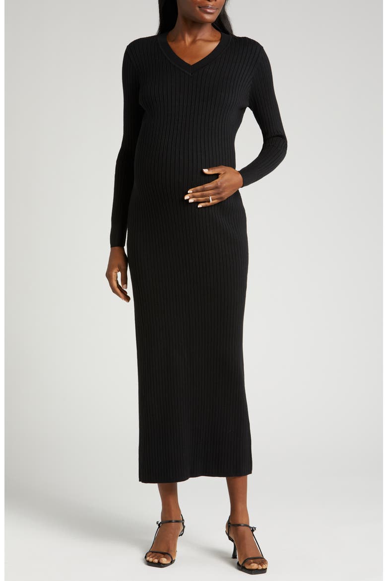 Women's Ribbed Long Sleeve V-Neck Midi Sweater Dress