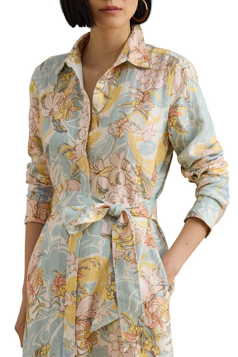 Floral Long Sleeve Linen Midi Shirtdress