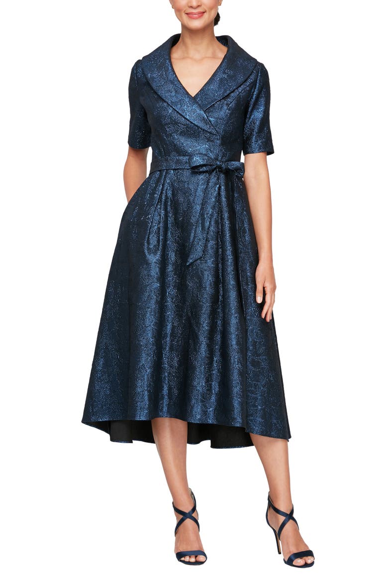 Metallic Jacquard Portrait Collar Cocktail Midi Dress