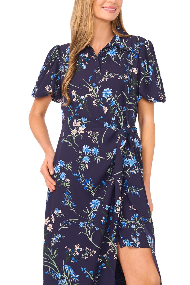 Floral Print Puff Sleeve Tie Waist Midi Dress