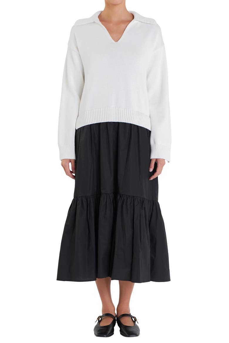 Mixed Media Long Sleeve Sweater Midi Dress