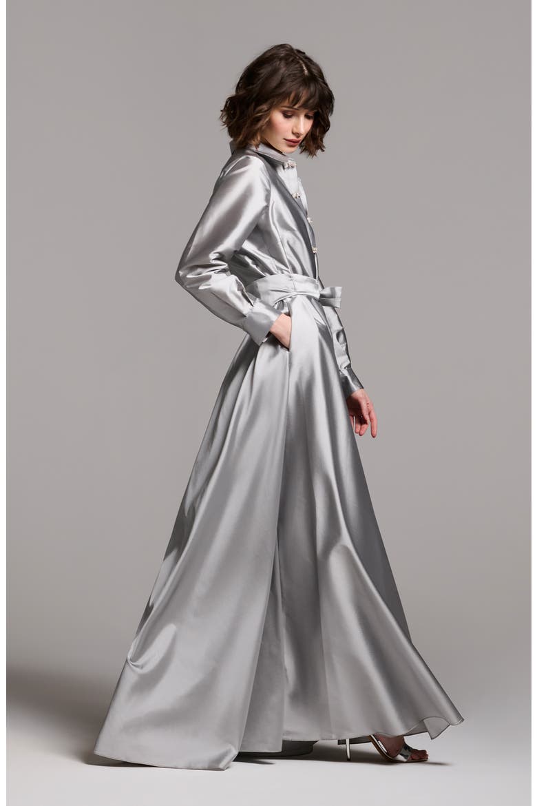 Crystal Bow Button Long Sleeve Taffeta A-Line Gown