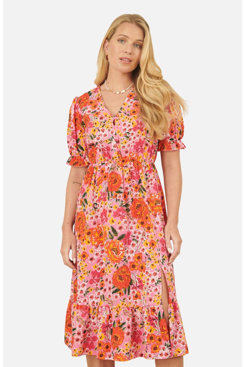 Puff Sleeve V-Neck Printed Midi Dress