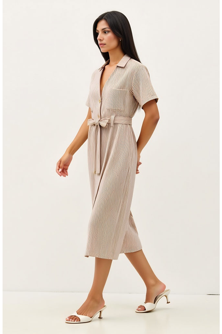 Striped Button-Down Midi Dress with Waist Tie and Collared Neckline