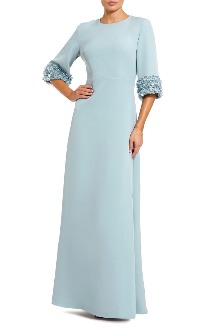 Women's A-Line Crepe Gown with Embellished Three-Quarter Sleeves