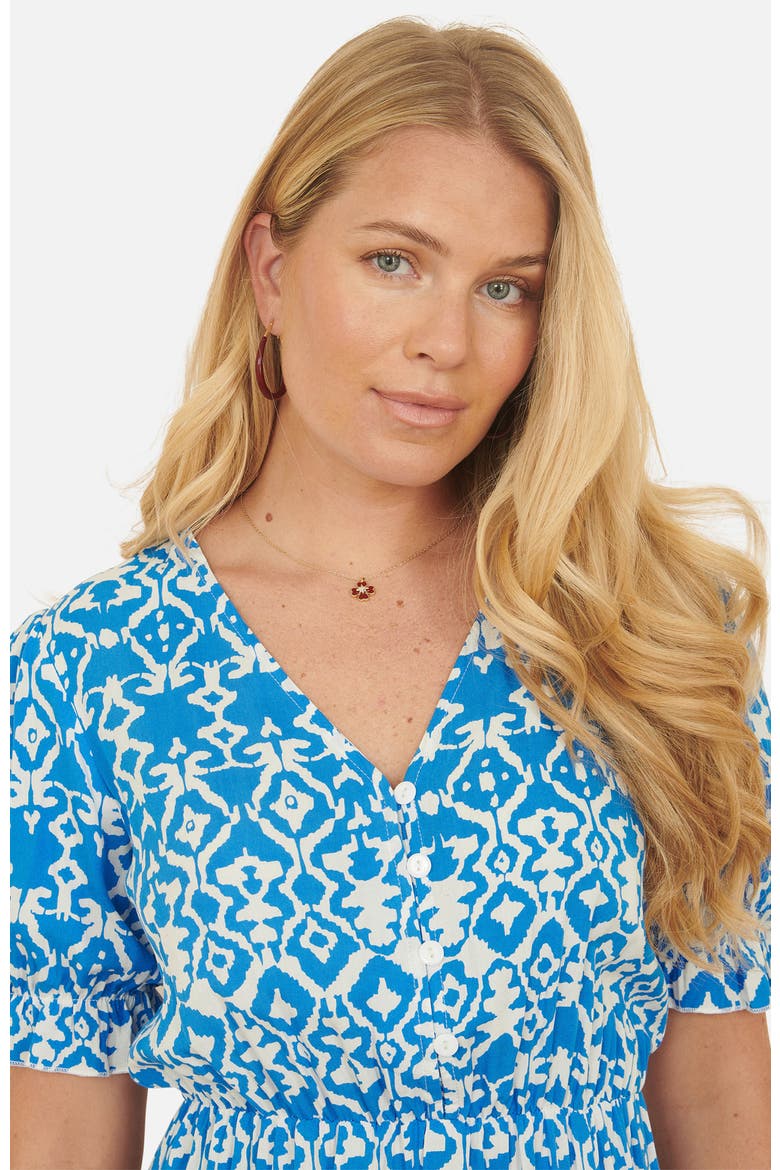Geometric Print Puff Sleeve Midi Dress