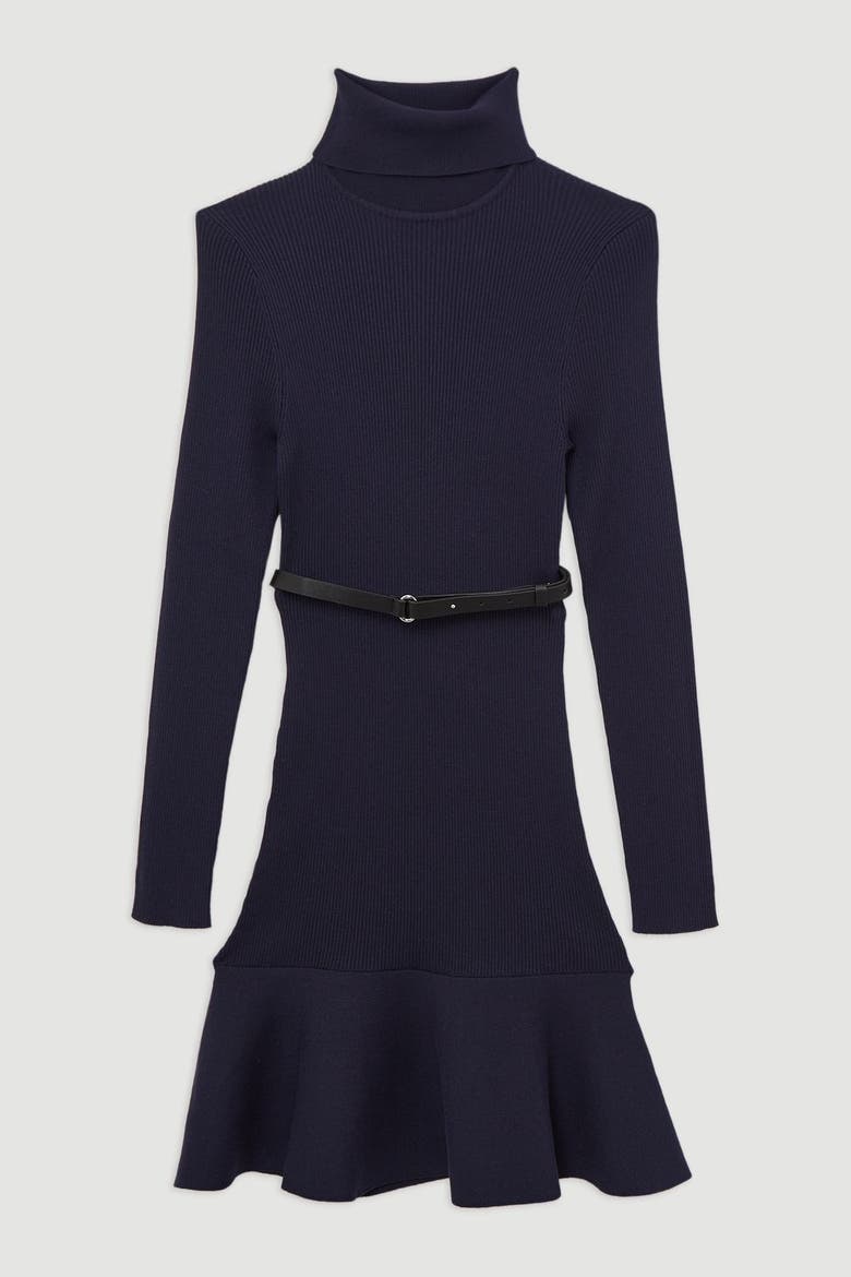 Roll Neck Belted Flippy Hem Mini Dress