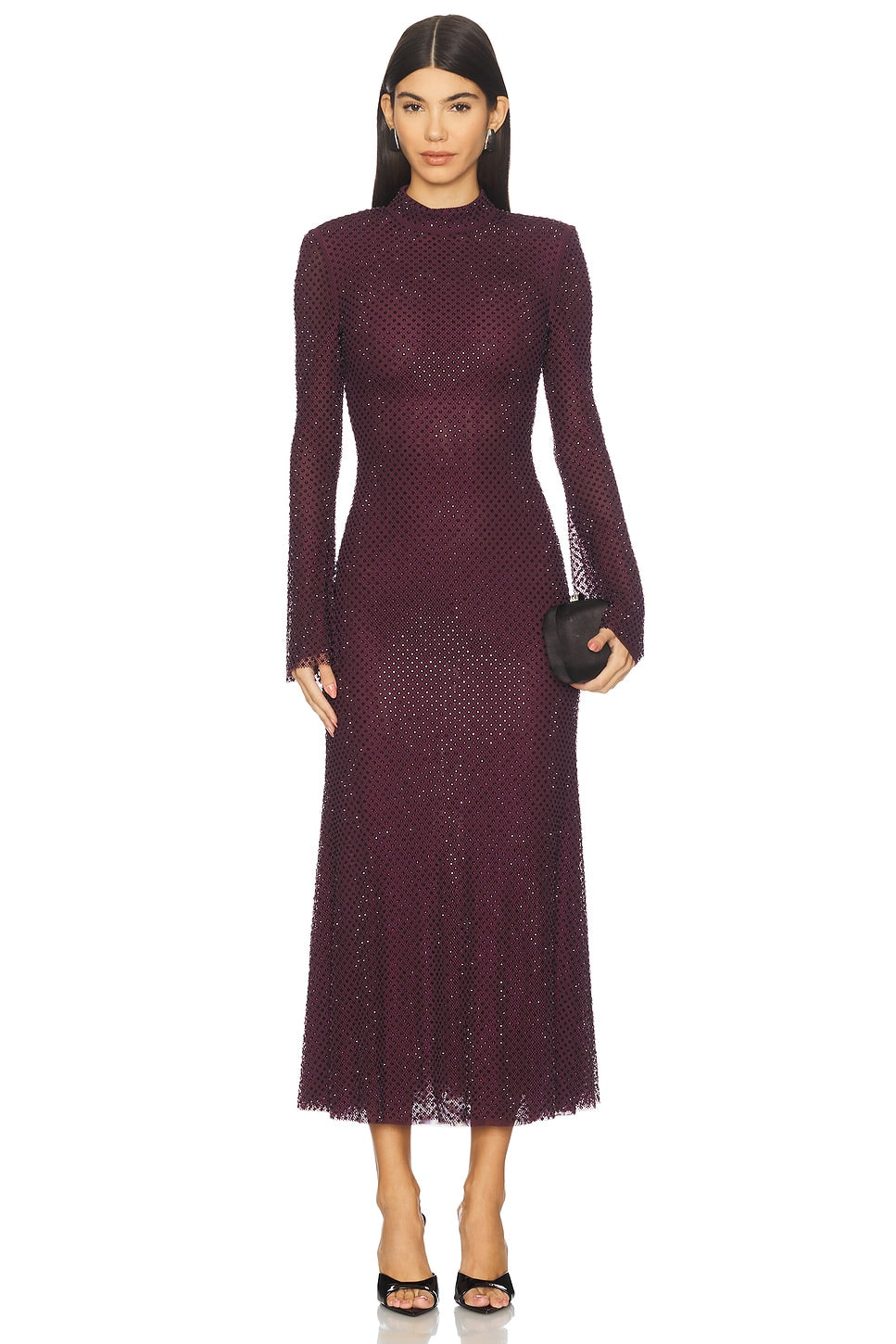 Burgundy Rhinestone Fishnet Midi Dress self-portrait