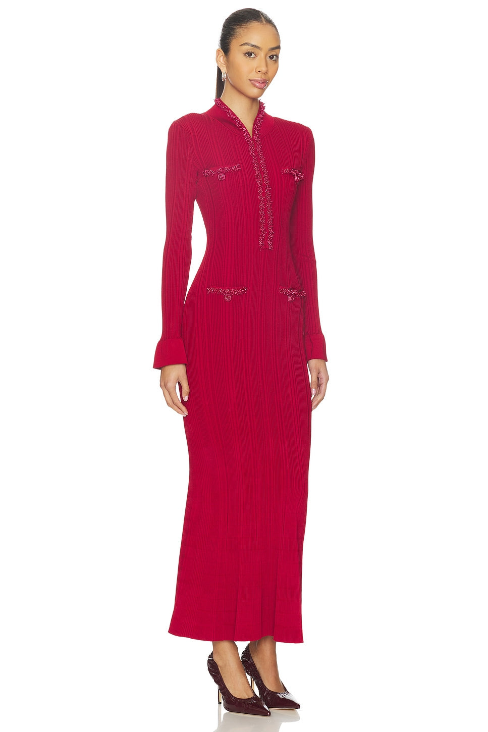 Red Pearl Trim Knit Midi Dress self-portrait