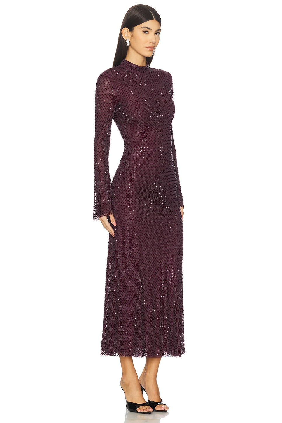 Burgundy Rhinestone Fishnet Midi Dress self-portrait