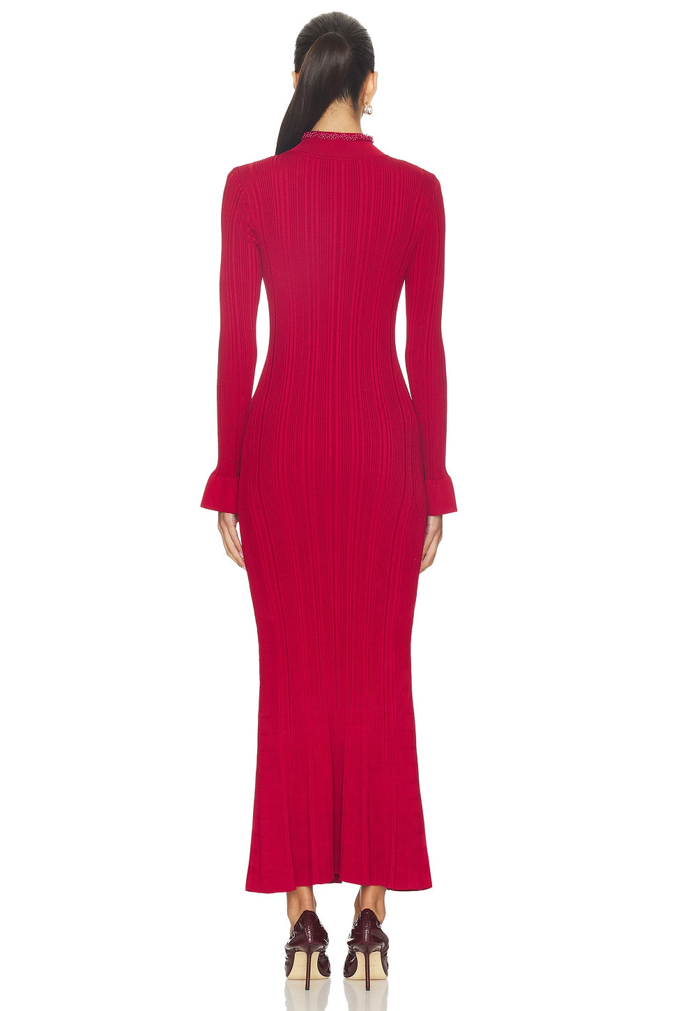 Red Pearl Trim Knit Midi Dress self-portrait